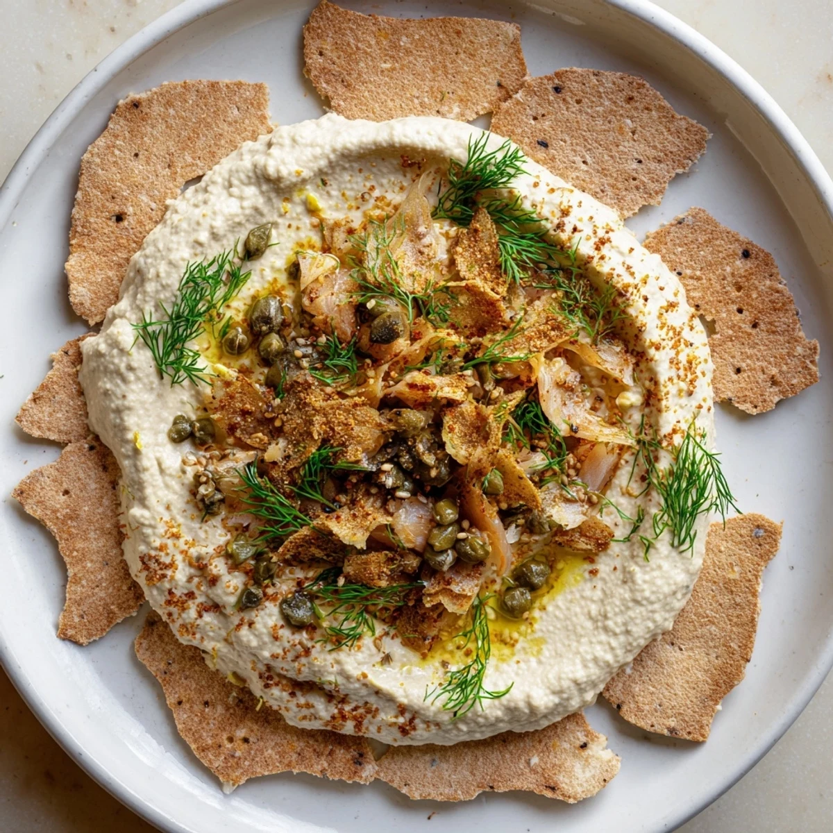 Delectable The Driftwood Beach appetizer: cracked crackers with smoked fish and creamy hummus, ready to enjoy.