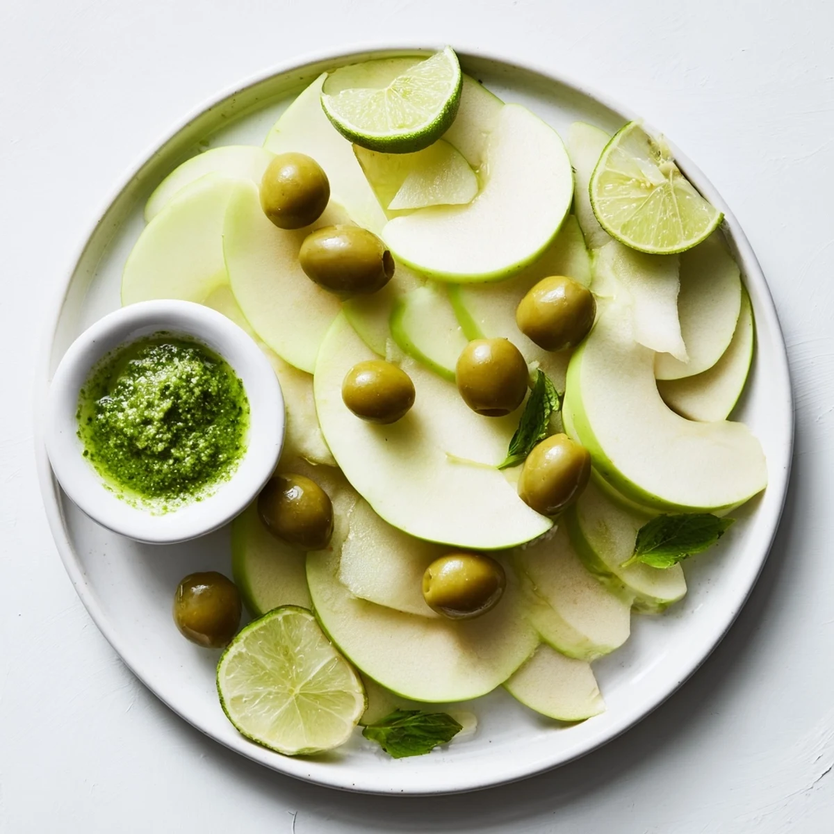 Vivid green The Emerald City appetizer boasts crisp apple, zesty lime, and savory pesto for guests.