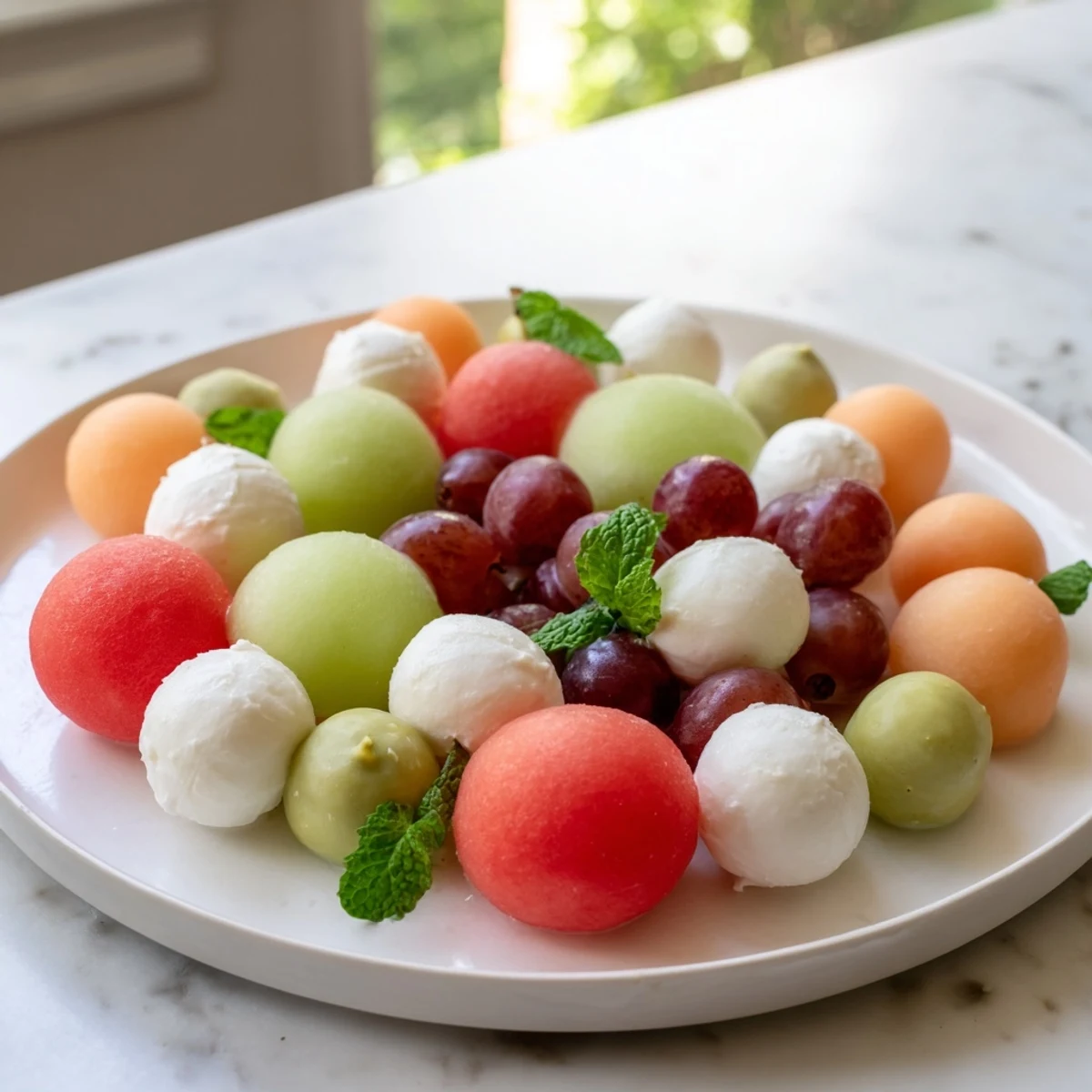 Vibrant The Polka Dot Platter appetizer, a colorful array of melon and cheese spheres.