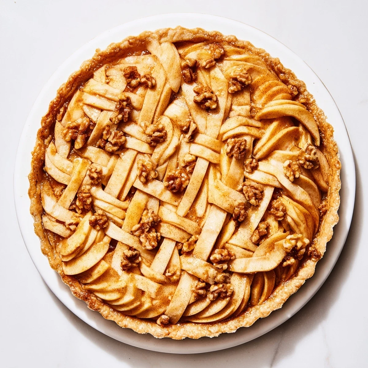 A warm slice of The Lattice Orchard displays glistening apples atop a sweet, nutty filling.