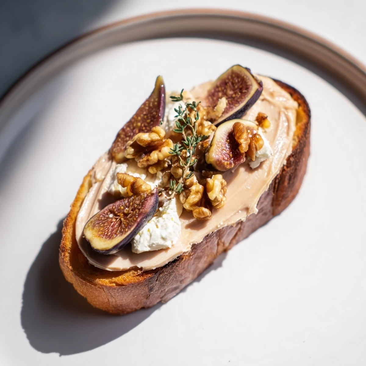 The Royal Tapestry appetizer with rich pâté, figs, goat cheese, and walnuts inviting a delicious bite.