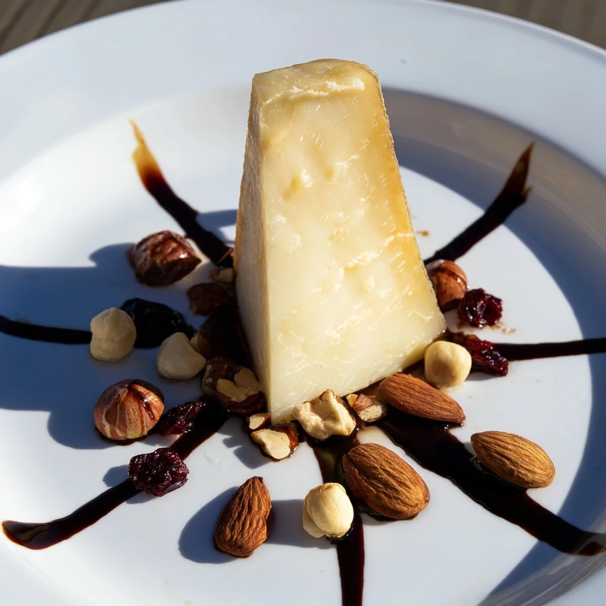 A visually stunning sundial cheese platter featuring aged hard cheese and delicious nut clusters.
