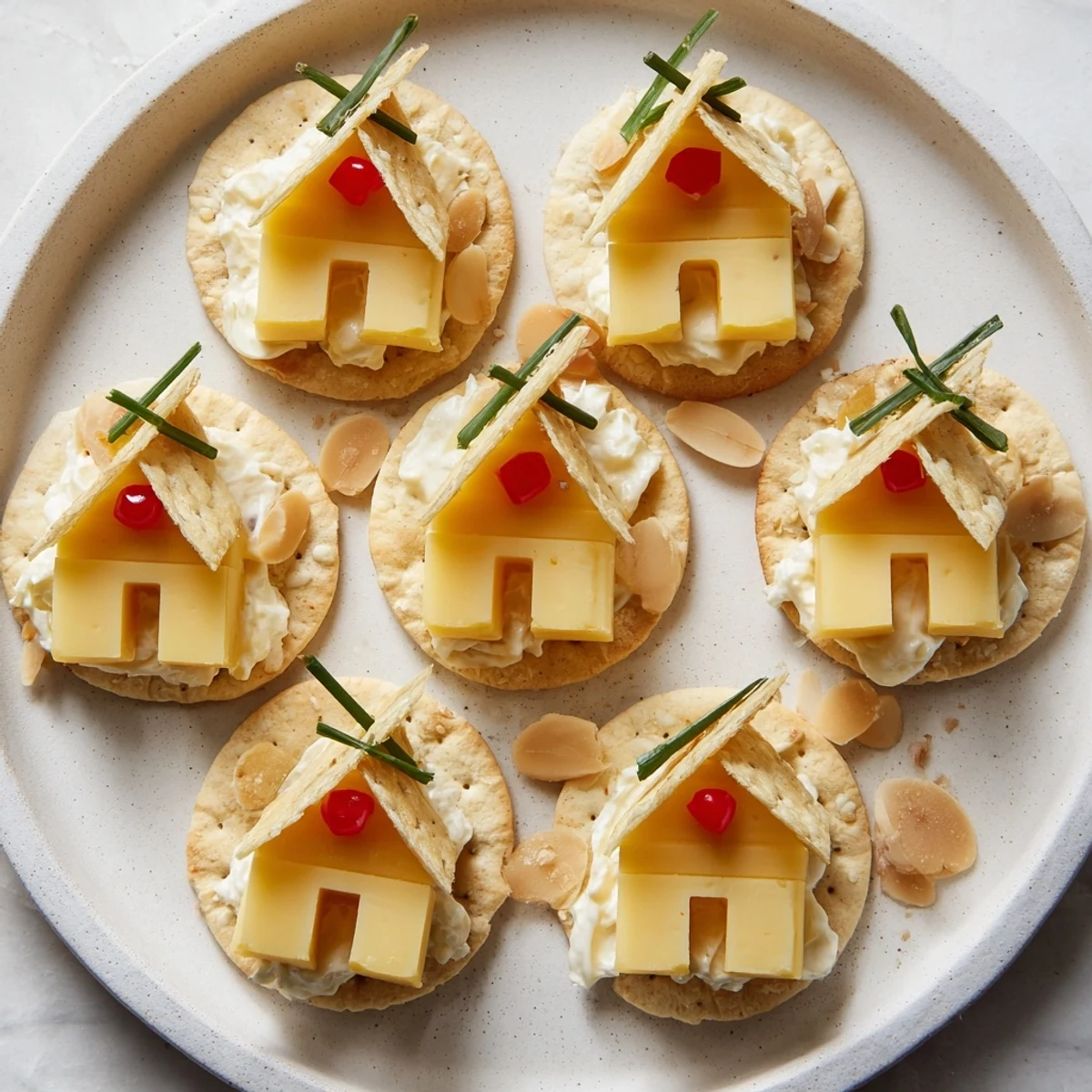 Miniature Alpine Village of cheese houses, crafted with almond roofs, sits on a snowy cracker landscape.