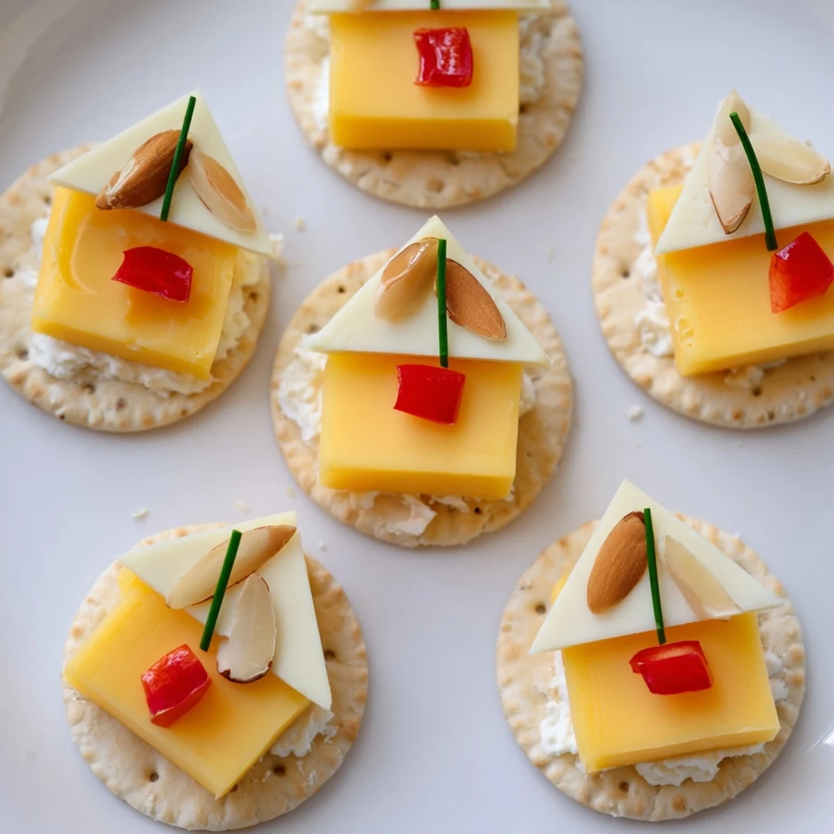 A close-up of the finished Alpine Village appetizer, showcasing the cute cheese houses with almond roofs.