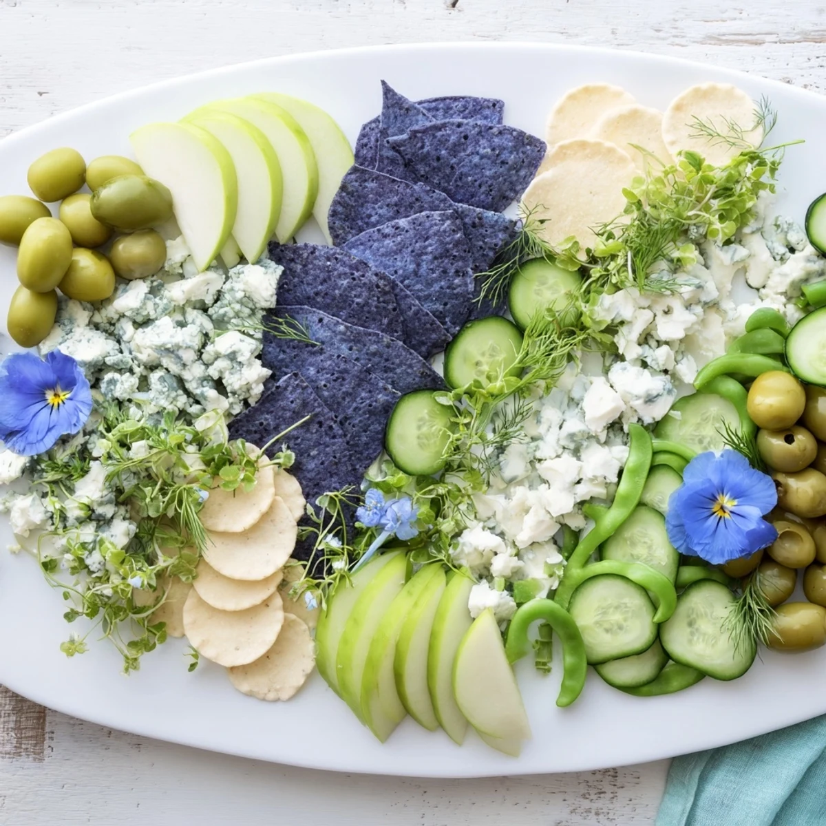 Beautiful Deep Sea Ocean Wave appetizer platter boasting fresh veggies, chips, and cheeses in blue and green.