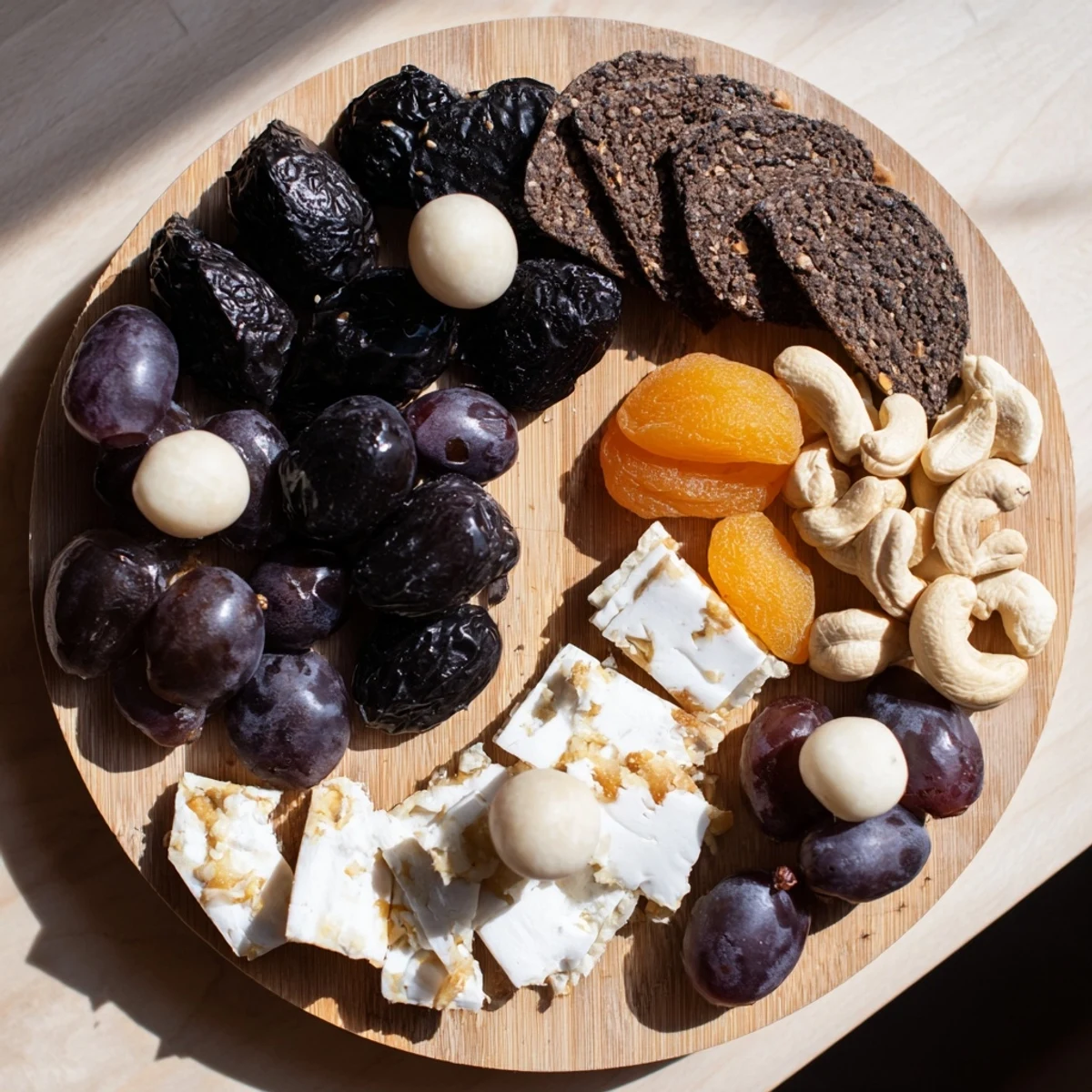 Appetizing Yin and Yang Balance Board: a visual feast of dark and light snacks arranged on a platter.
