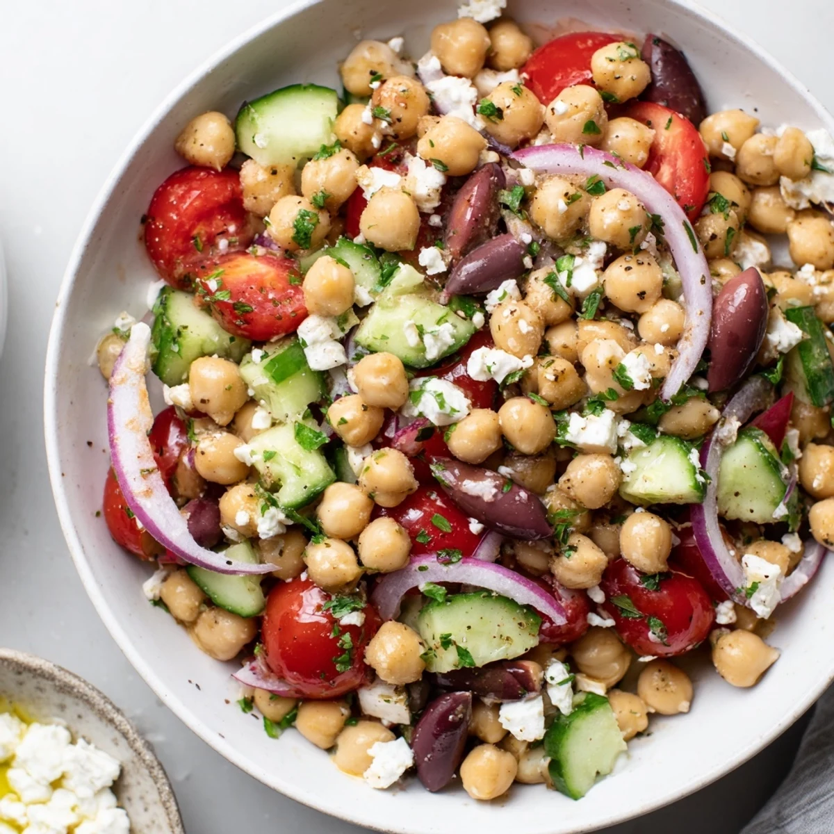 A delicious Mediterranean Chickpea and Feta Bowl—vibrant vegetables and crumbled vegan feta cheese are pictured.