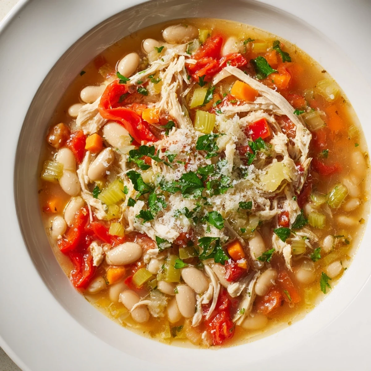 Savory White Bean and Roasted Red Pepper Chicken stew, a comforting, gluten-free American meal brimming with flavor.