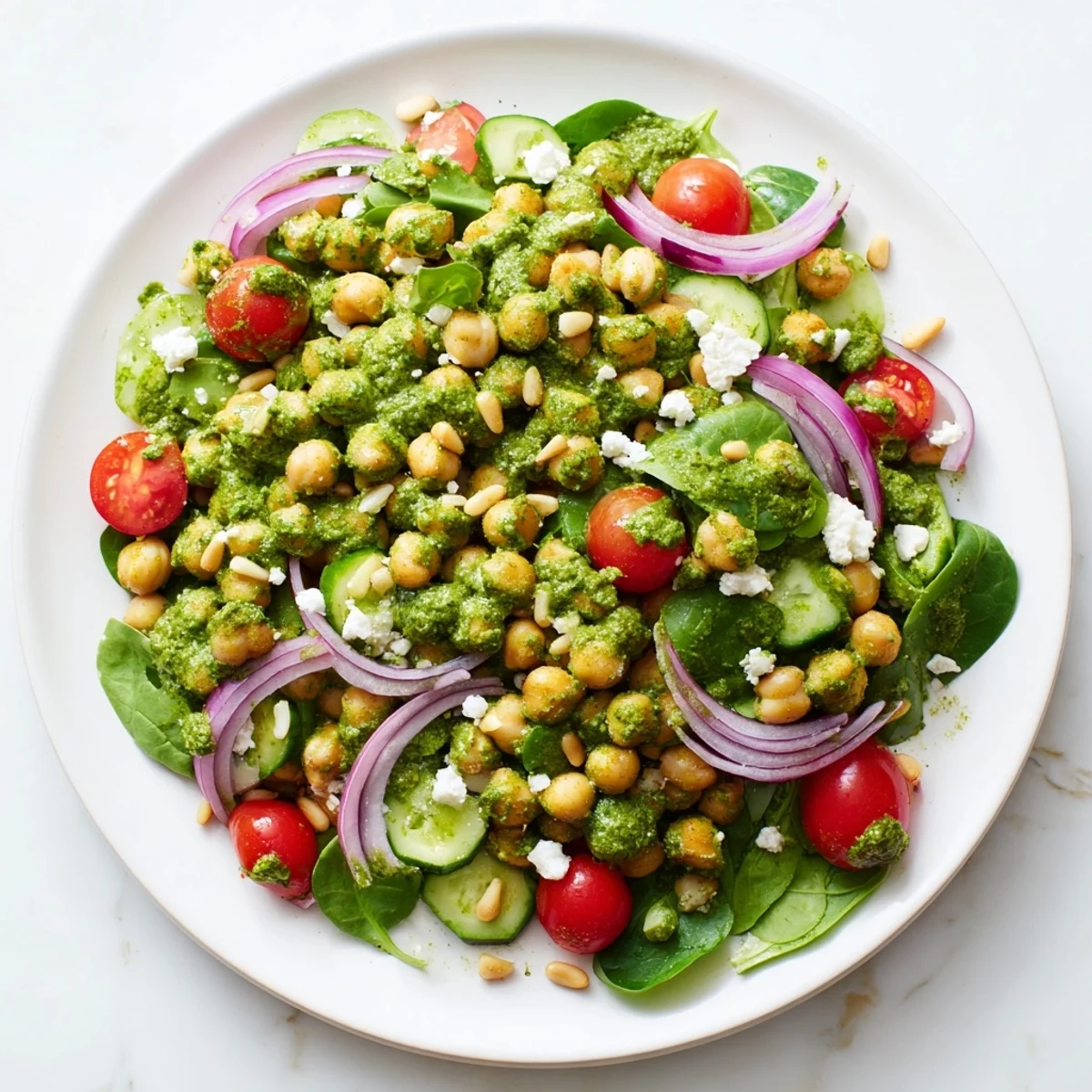 Vibrant Pesto Chickpea and Spinach Salad with juicy tomatoes, perfect for a fresh lunch.