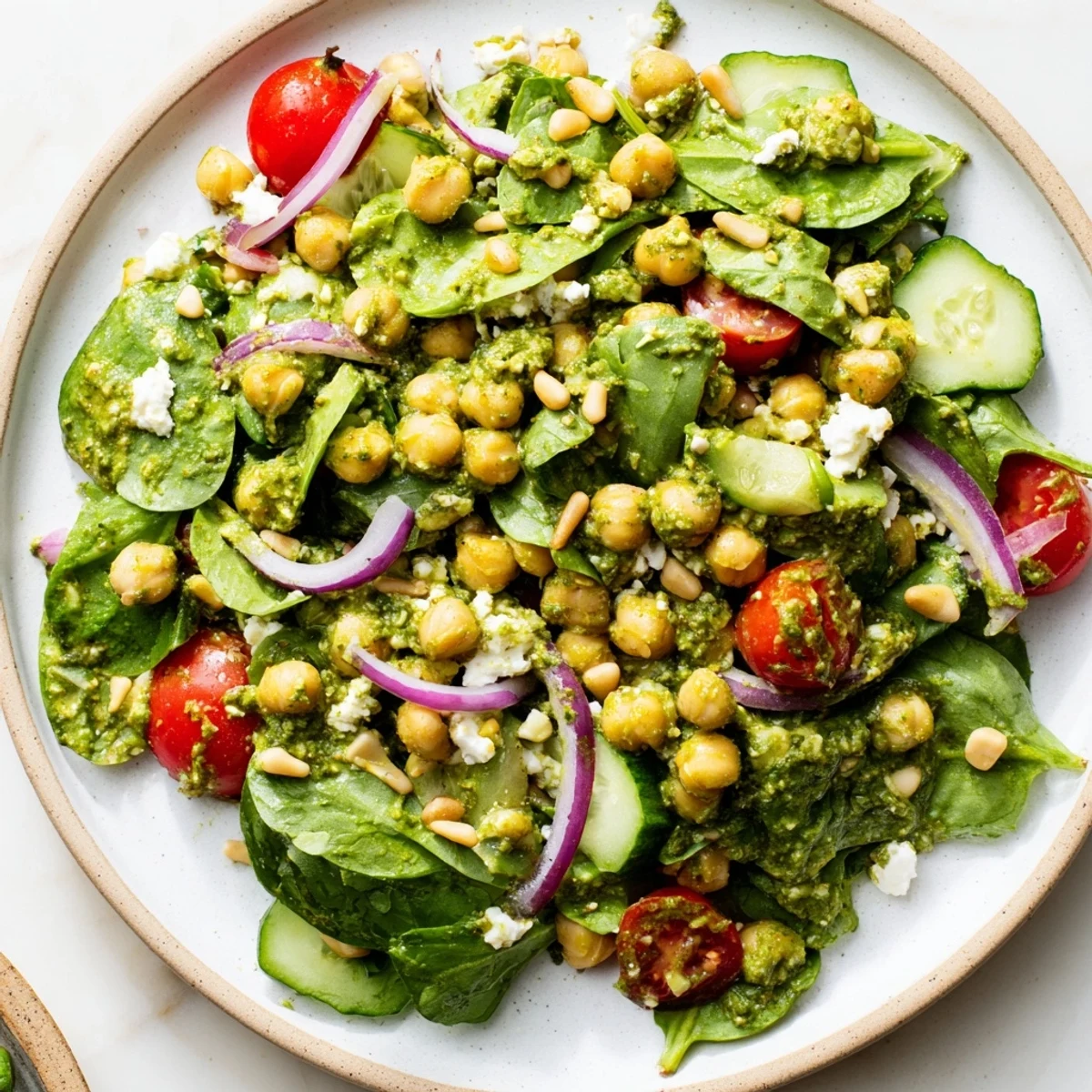 A light and flavorful Pesto Chickpea and Spinach Salad, tossed in creamy homemade pesto.