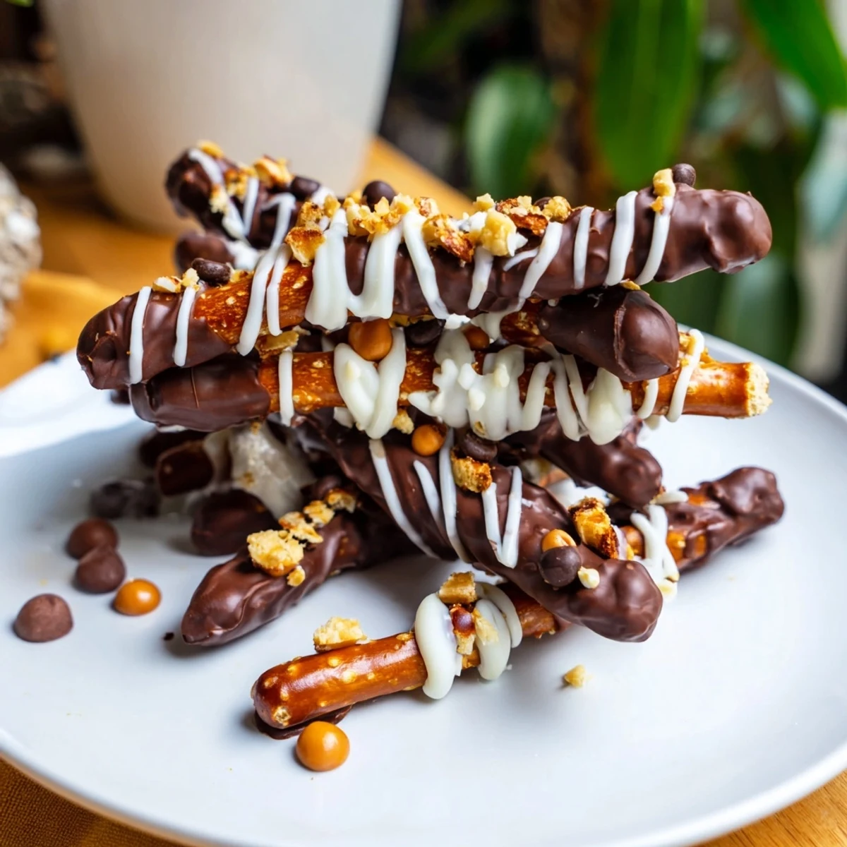 Picture this: a stack of chocolate-covered pretzel sticks with drizzled white chocolate sweetness.