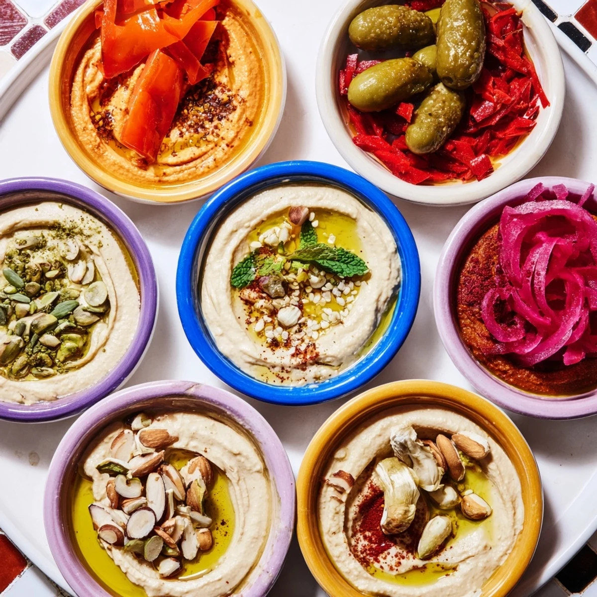 Moroccan Tile Mosaic: a colorful, edible appetizer platter showcasing various flavorful dips and toppings, ready to enjoy.