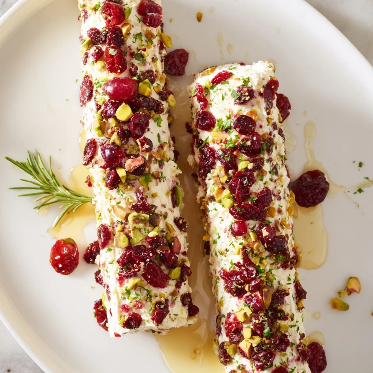 A vibrant appetizer photo of Cranberry Goat Cheese Logs, showcasing creamy cheese and festive garnishes.