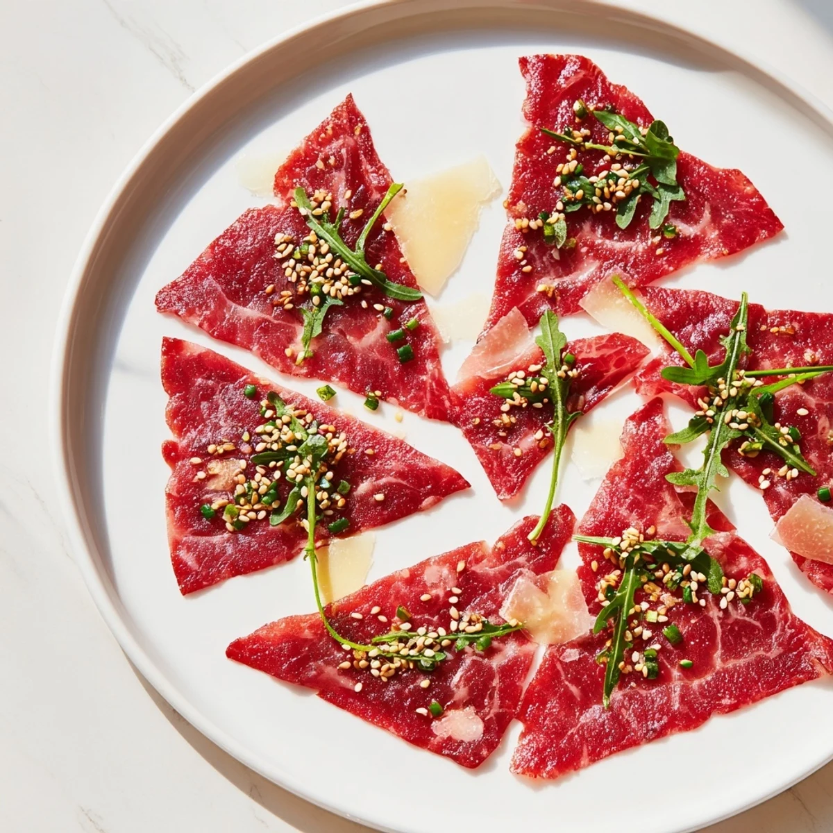 Delicate Origami Fold Beef Appetizer, arranged artfully on a bed of fresh arugula for serving.