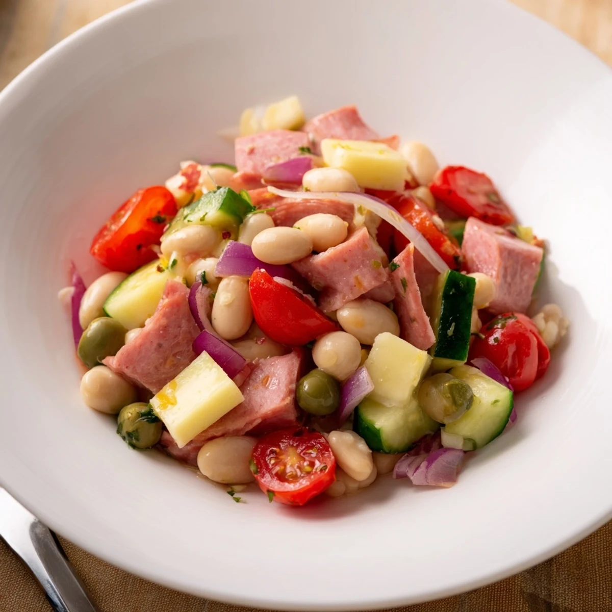 Italian Antipasto Bean Salad: A colorful mix of beans, salami, and cheese, ready to be tossed.