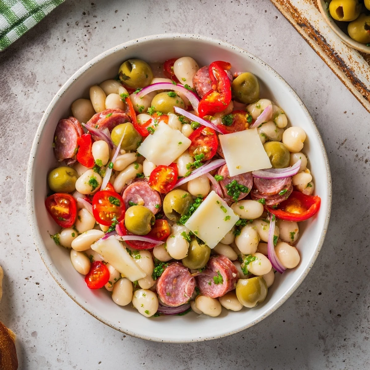 Freshly tossed Italian Antipasto Bean Salad, a light meal bursting with Italian flavors and textures.