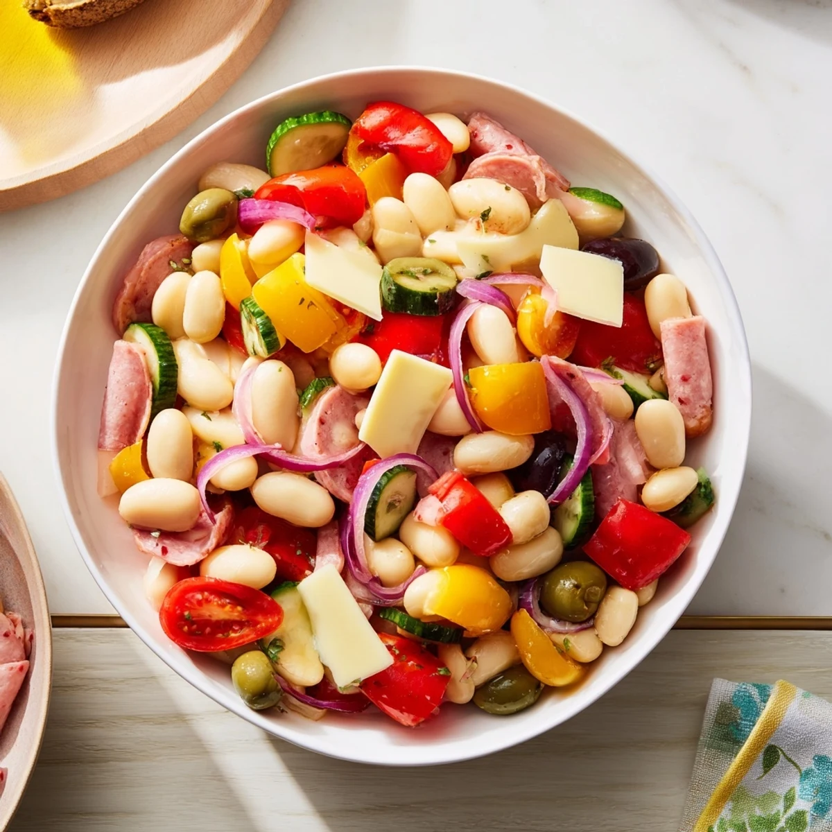 Vibrant Italian Antipasto Bean Salad, featuring salami and provolone, perfect starter for any occasion.