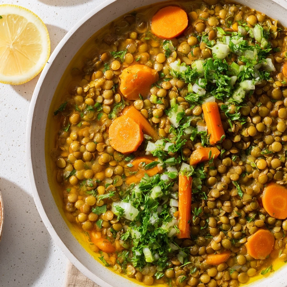 Steaming bowl of Middle Eastern Lentil and Chickpea Stew, garnished with fresh parsley and lemon wedges.