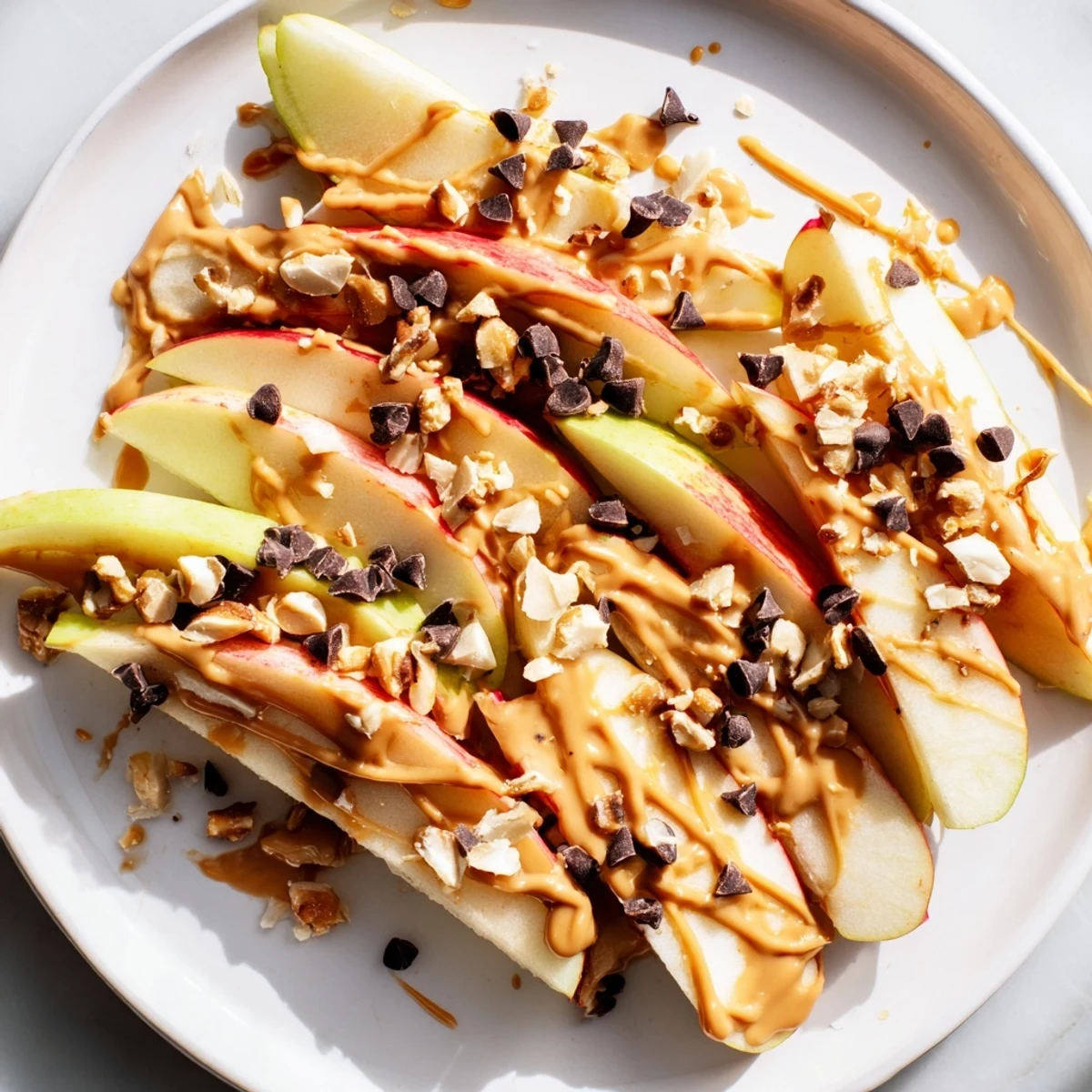 Crisp apple slices covered in peanut butter, forming delicious peanut butter apple nachos, a quick snack.