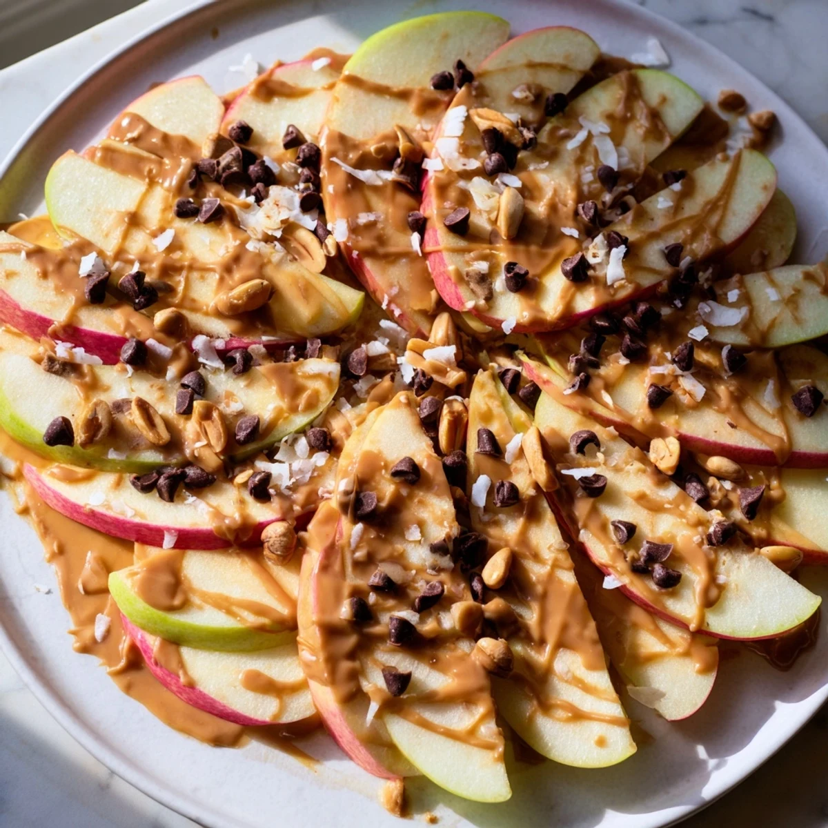 Drizzled honey and chopped nuts complete the delightful peanut butter apple nachos—a tasty treat.