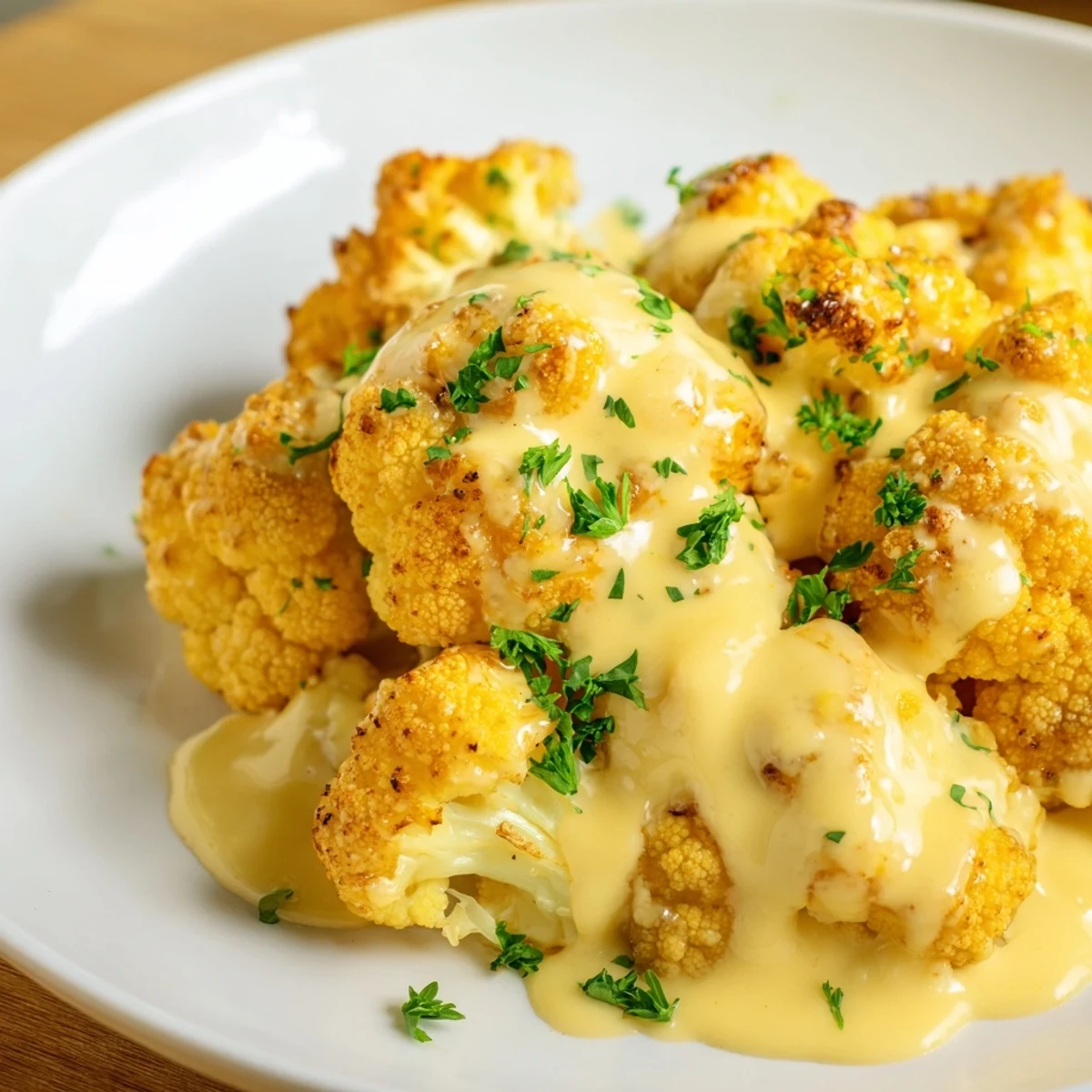 Close-up of baked Cheesy Cauliflower Mac with melted cheese and fresh parsley garnish.