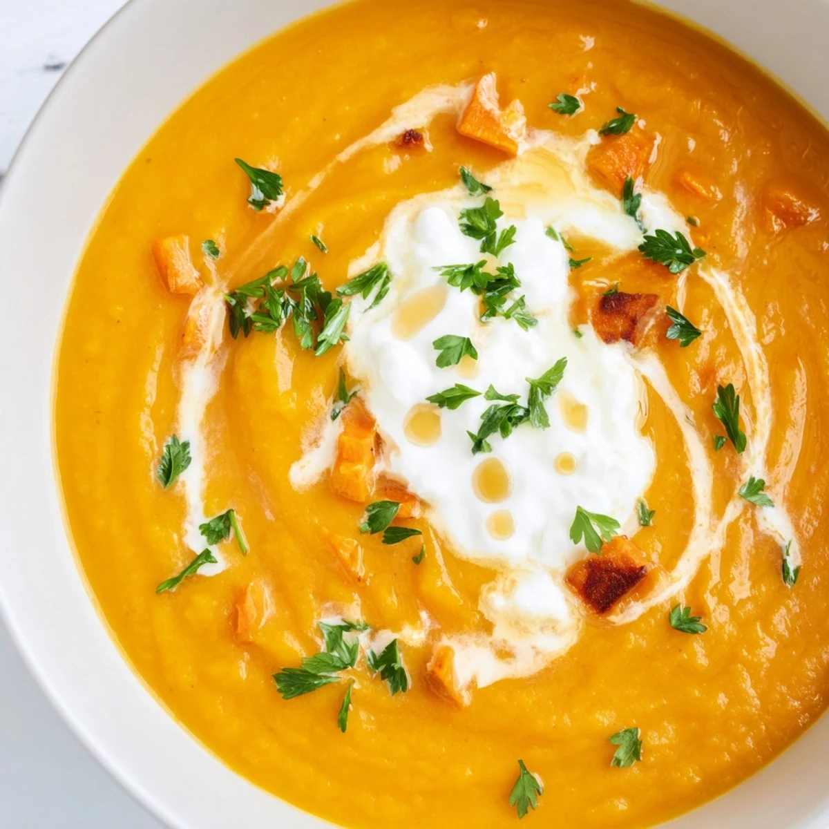 Creamy Sweet Maple Carrot Soup, garnished with parsley, ready to be served and enjoyed.