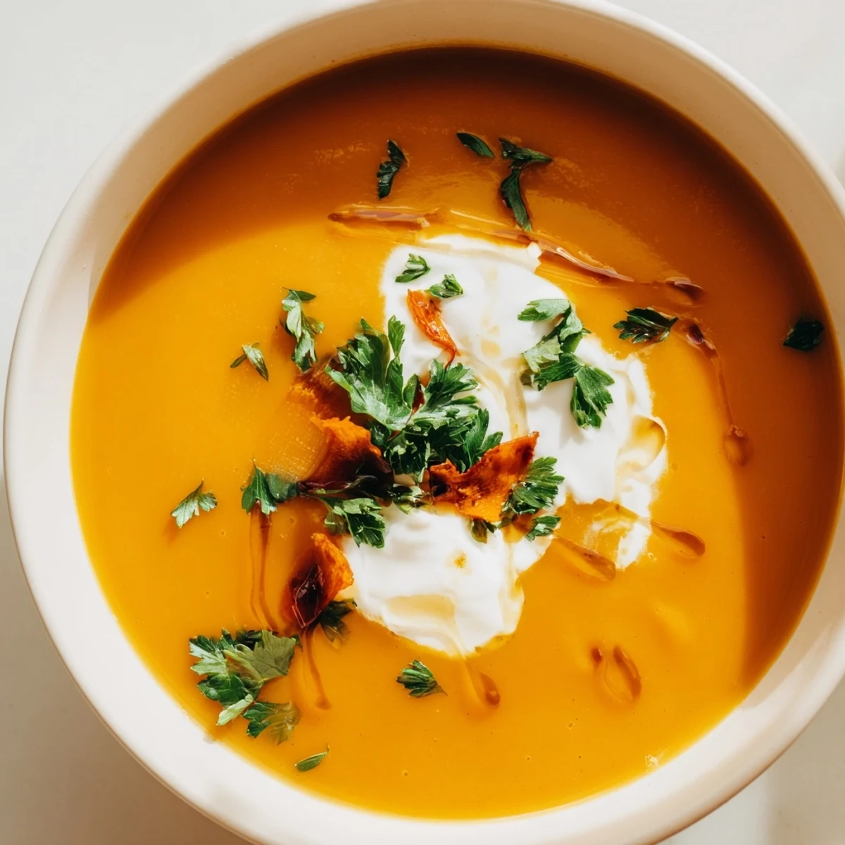 A bowl of hot Sweet Maple Carrot Soup, rich orange color, perfect for a cozy, flavorful meal.