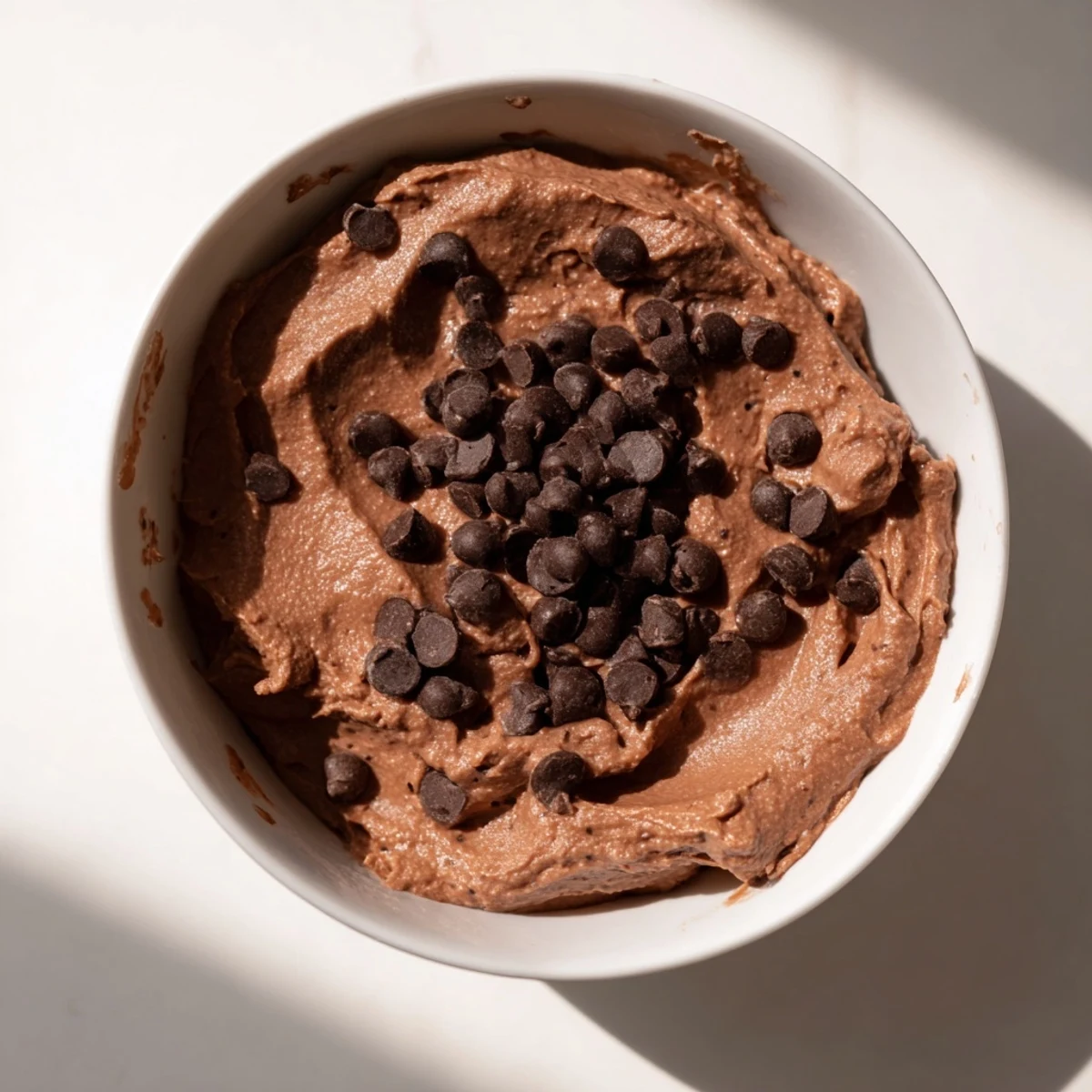 Rich, scoopable brownie batter dip, perfect for parties, with visible mini chocolate chips and pretzel sticks.