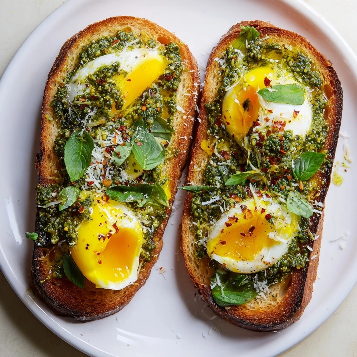 Golden-brown pesto egg toast, showcasing jammy yolks and vibrant green pesto on crispy bread.