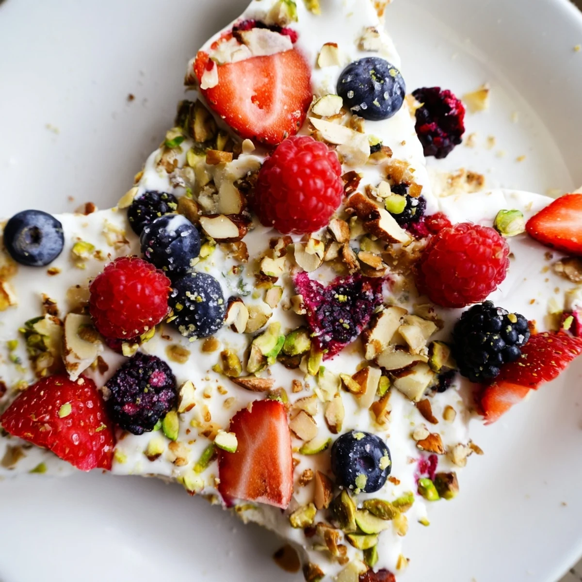 Vibrant frozen fruit yogurt bark with colorful berries and crunchy granola, a perfect cool treat.