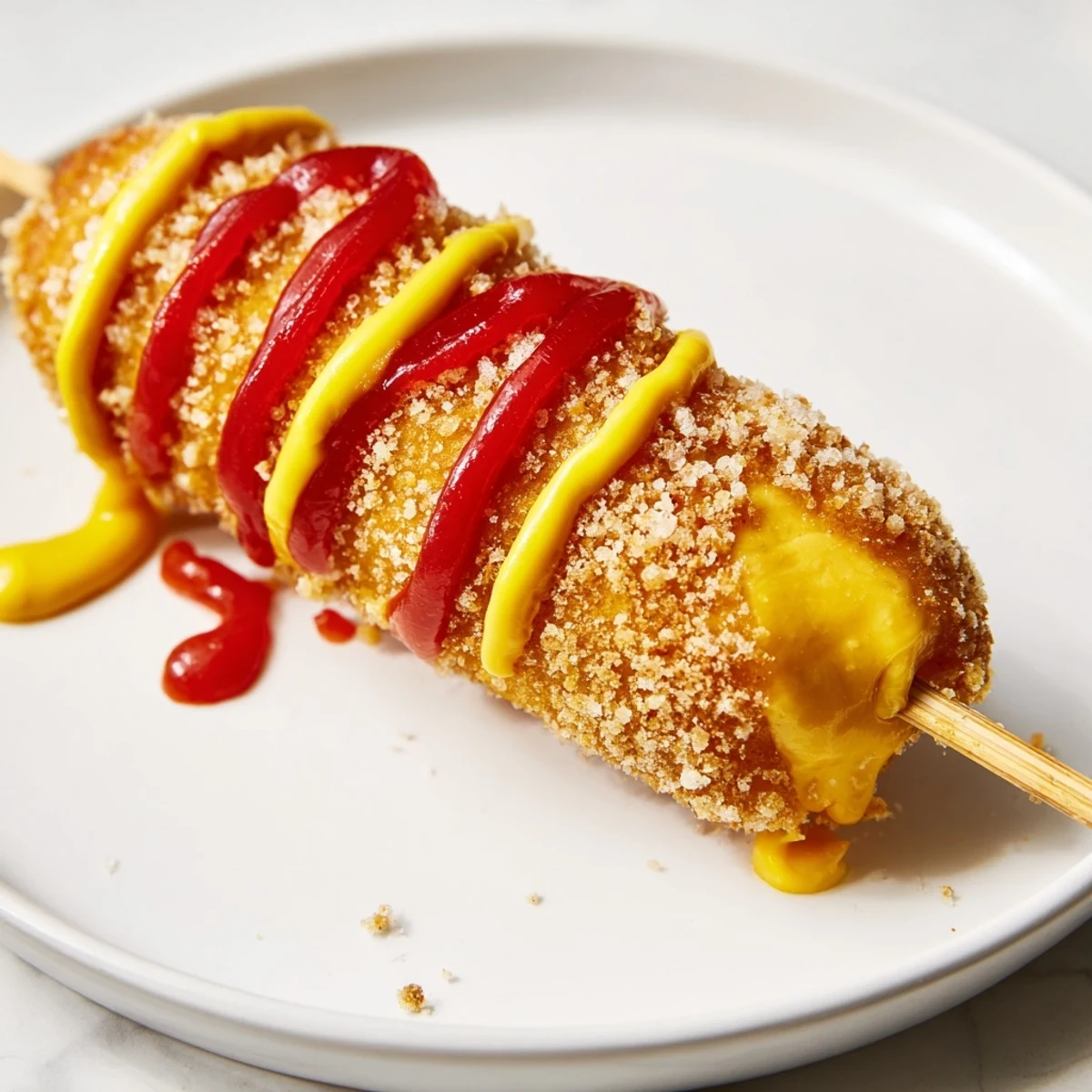 Crispy, golden-brown Cheesy Korean Corn Dogs are ready to enjoy with a ketchup and mustard drizzle.