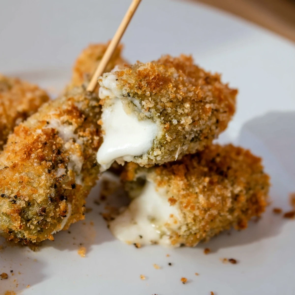 Deliciously fried Crispy Chickle Bites, showcasing a lovely golden hue with melty cheese inside, ready to eat.