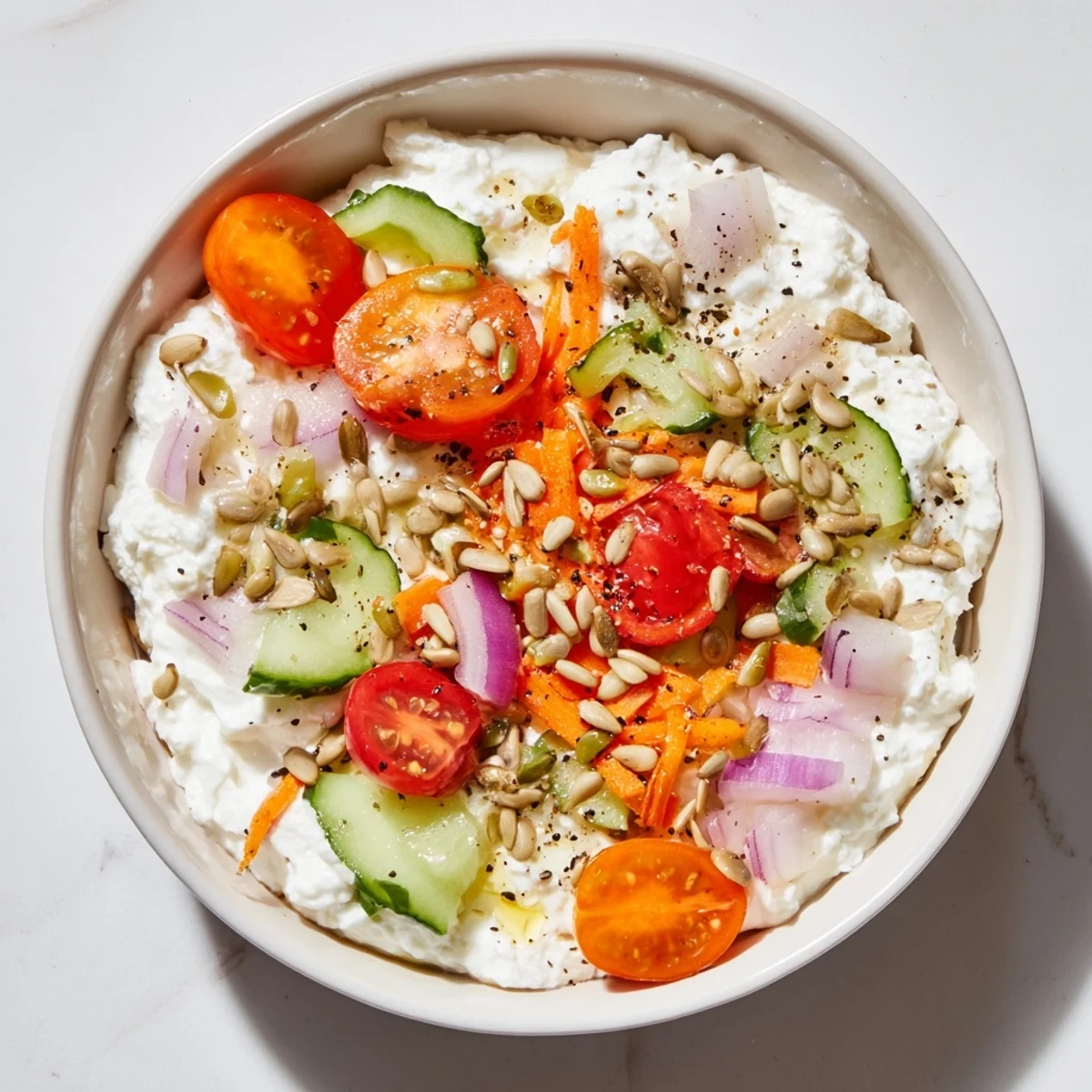 A vibrant Cottage Cheese Snack Bowl, featuring creamy cheese, fresh veggies, and crunchy sunflower seeds.