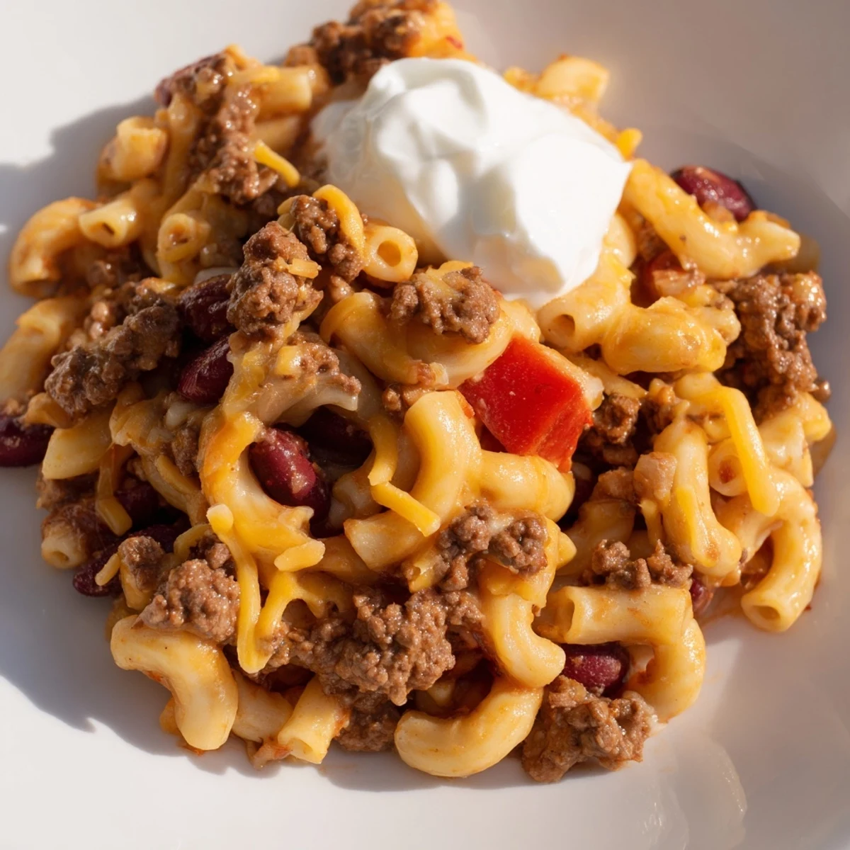 Image of golden, cheesy One-Pot Chili Mac, a comforting family dinner ready to eat.