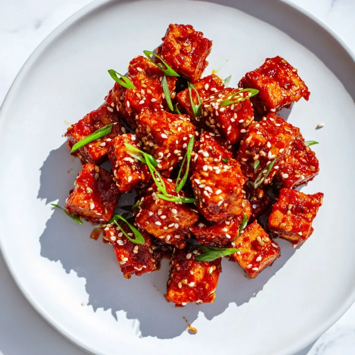 Close-up of freshly made Honey Gochujang tofu sprinkled with sesame seeds, ready to serve and enjoy.