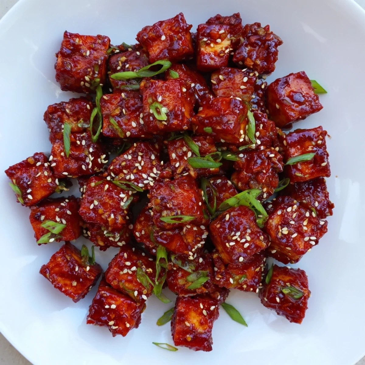 Golden-brown, crispy Honey Gochujang tofu coated in a sweet, sticky, and vibrant sauce.