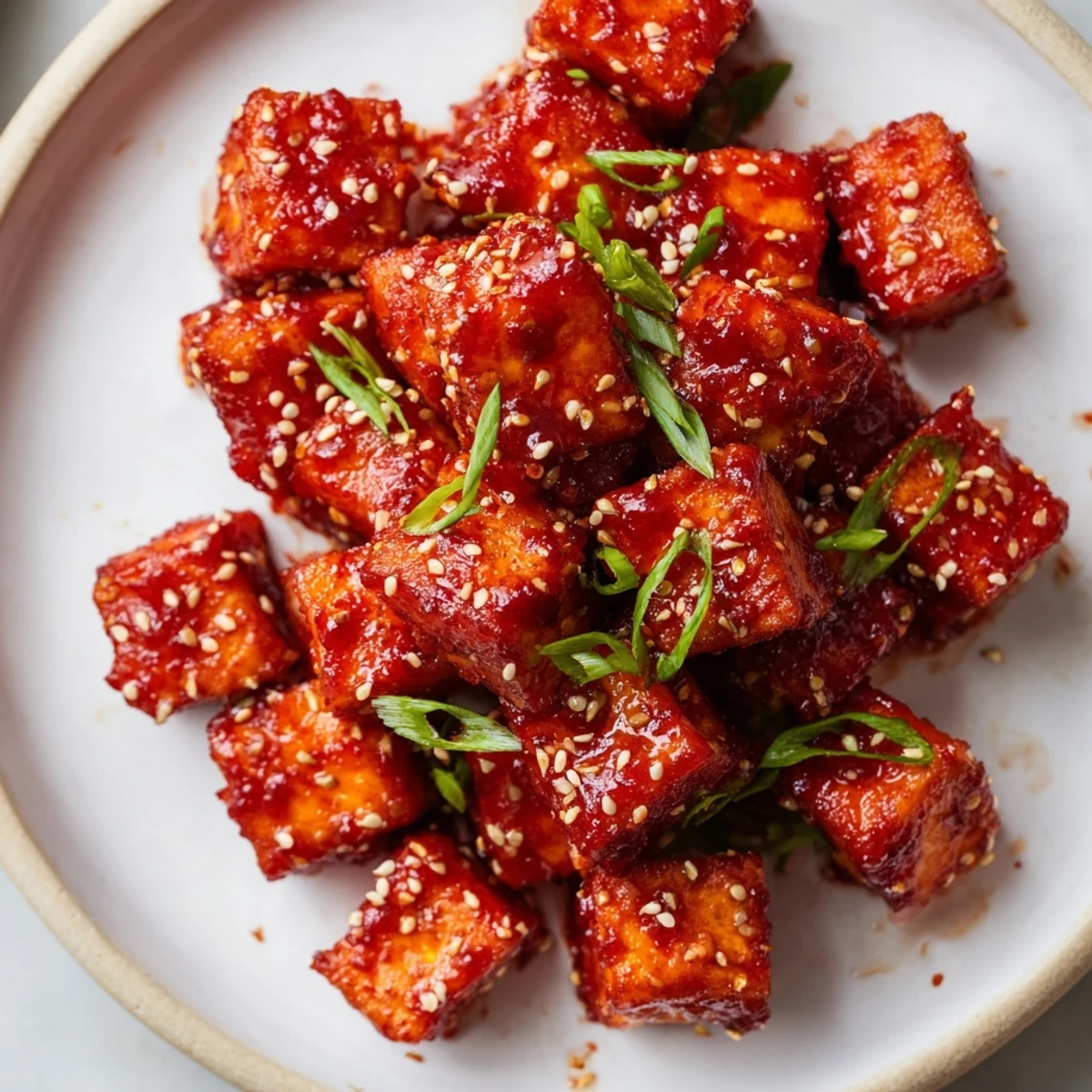 Appetizing Honey Gochujang tofu with a glistening glaze, perfect for a flavorful vegetarian meal.