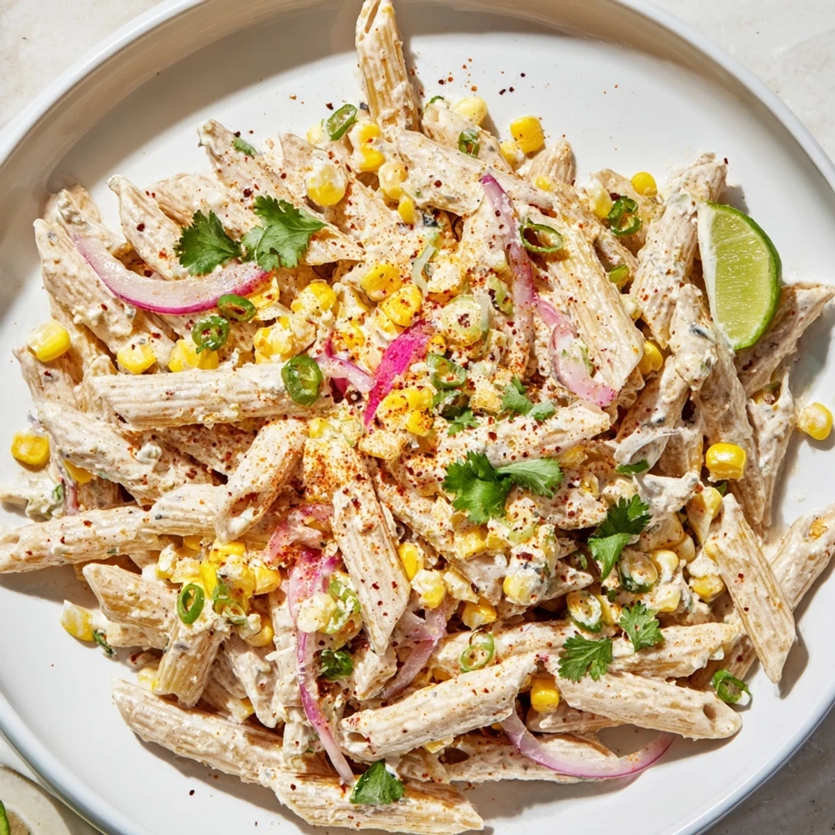 Creamy Mexican Street Corn Pasta with charred corn, red pepper, and cilantro, served chilled and fresh.