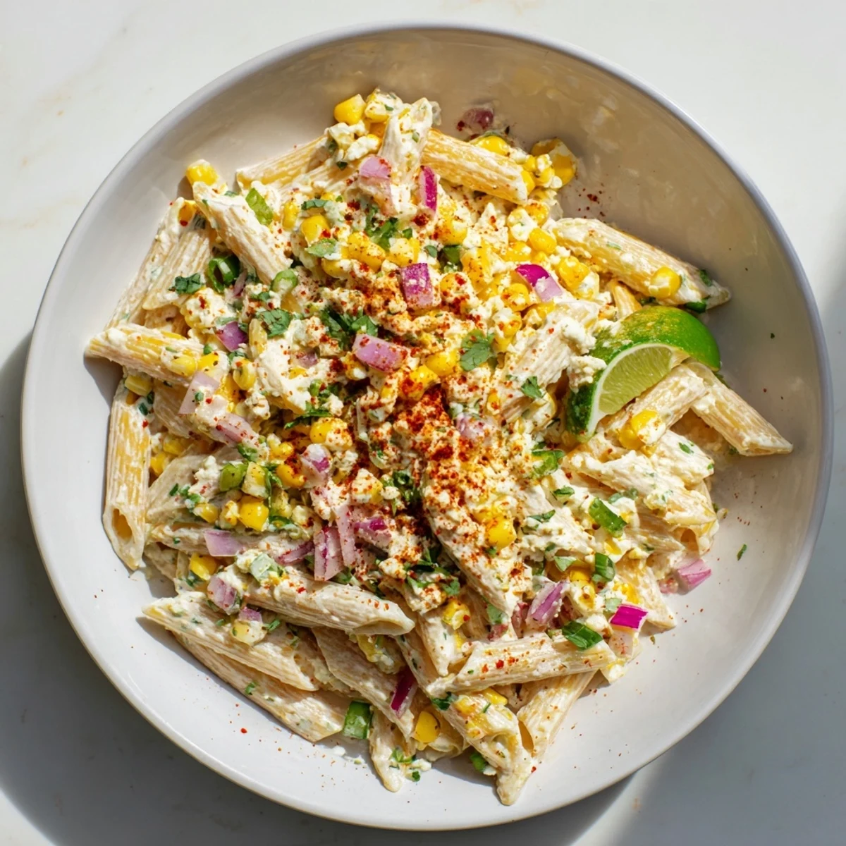 A colorful bowl of Mexican Street Corn Pasta, perfect for a summer side dish.