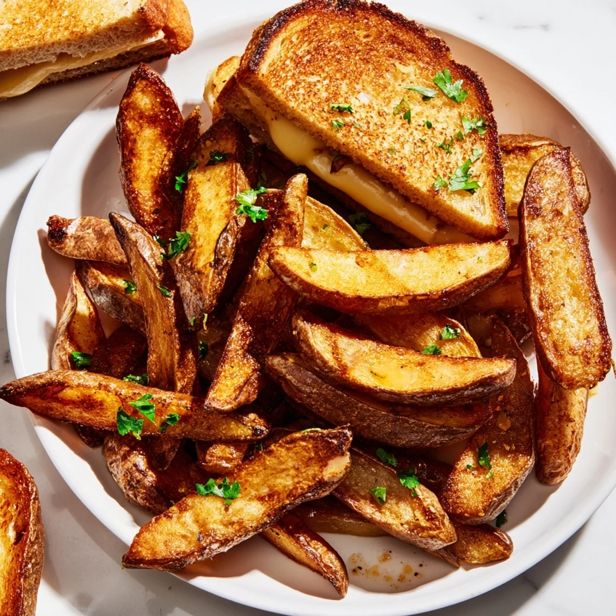 Golden-brown beef tallow french fries beside a gooey, cheesy grilled cheese sandwich with crispy sourdough.