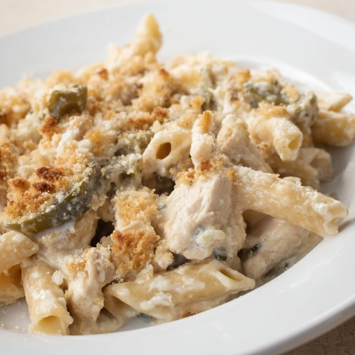 Creamy Jalapeño Popper Chicken Pasta, bubbling with melted cheese and golden, crispy breadcrumb topping.