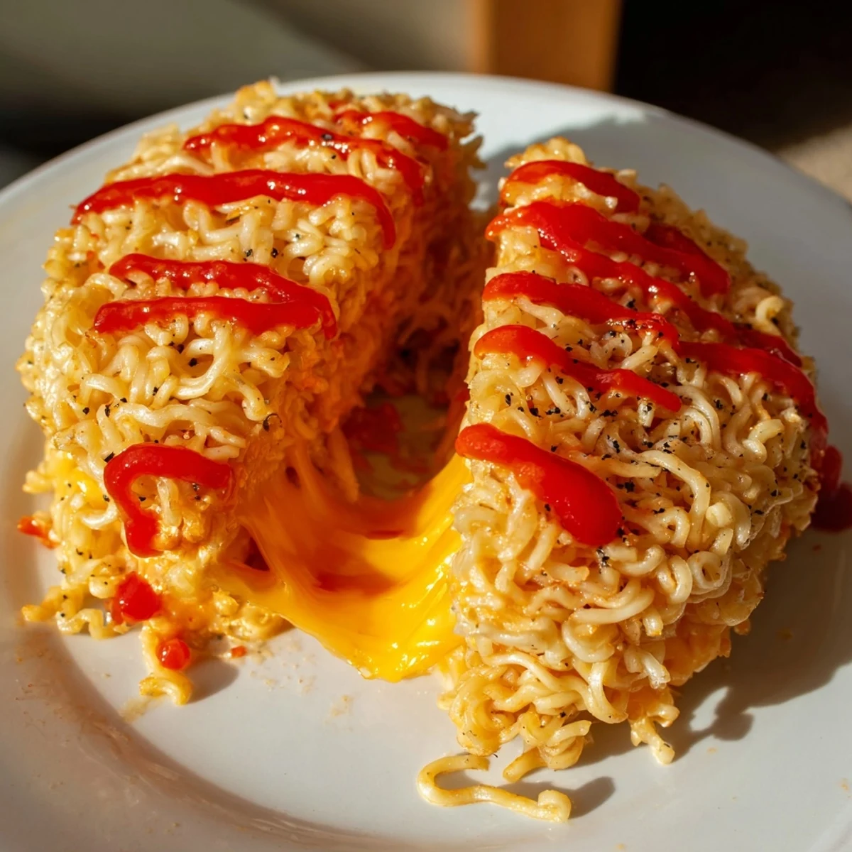 Golden-brown, crispy Instant Ramen Grilled Cheese oozing with melted cheddar, ready to eat.