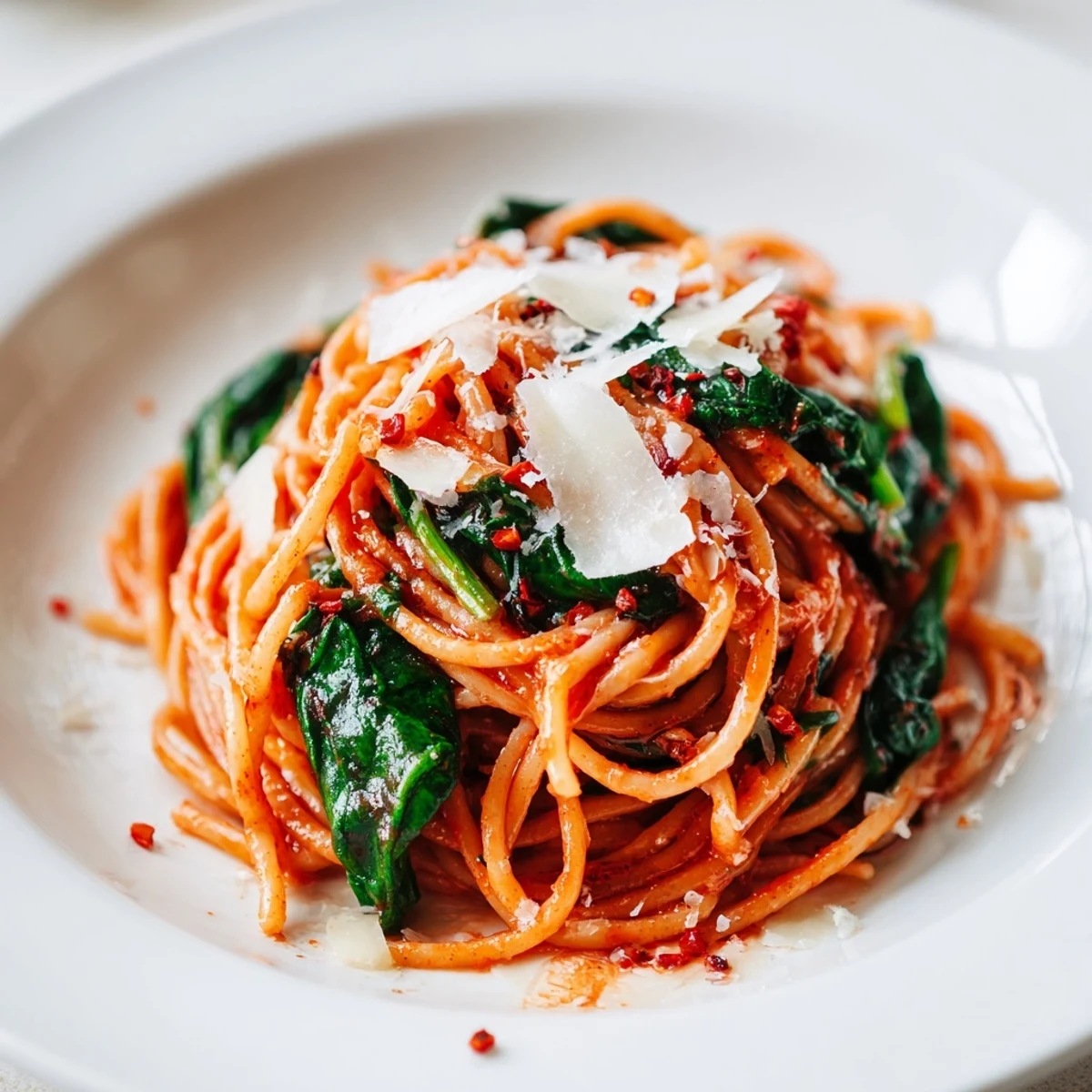 Quick Marinara Pasta with Spinach: a comforting, steaming platter of pasta and vibrant red sauce garnished with fresh basil.