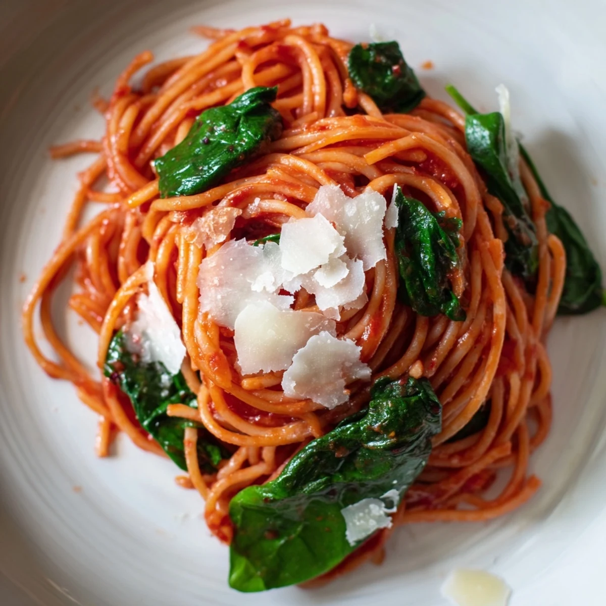 Homemade Quick Marinara Pasta with Spinach features tender pasta coated in a rich, delicious sauce, ready to serve.