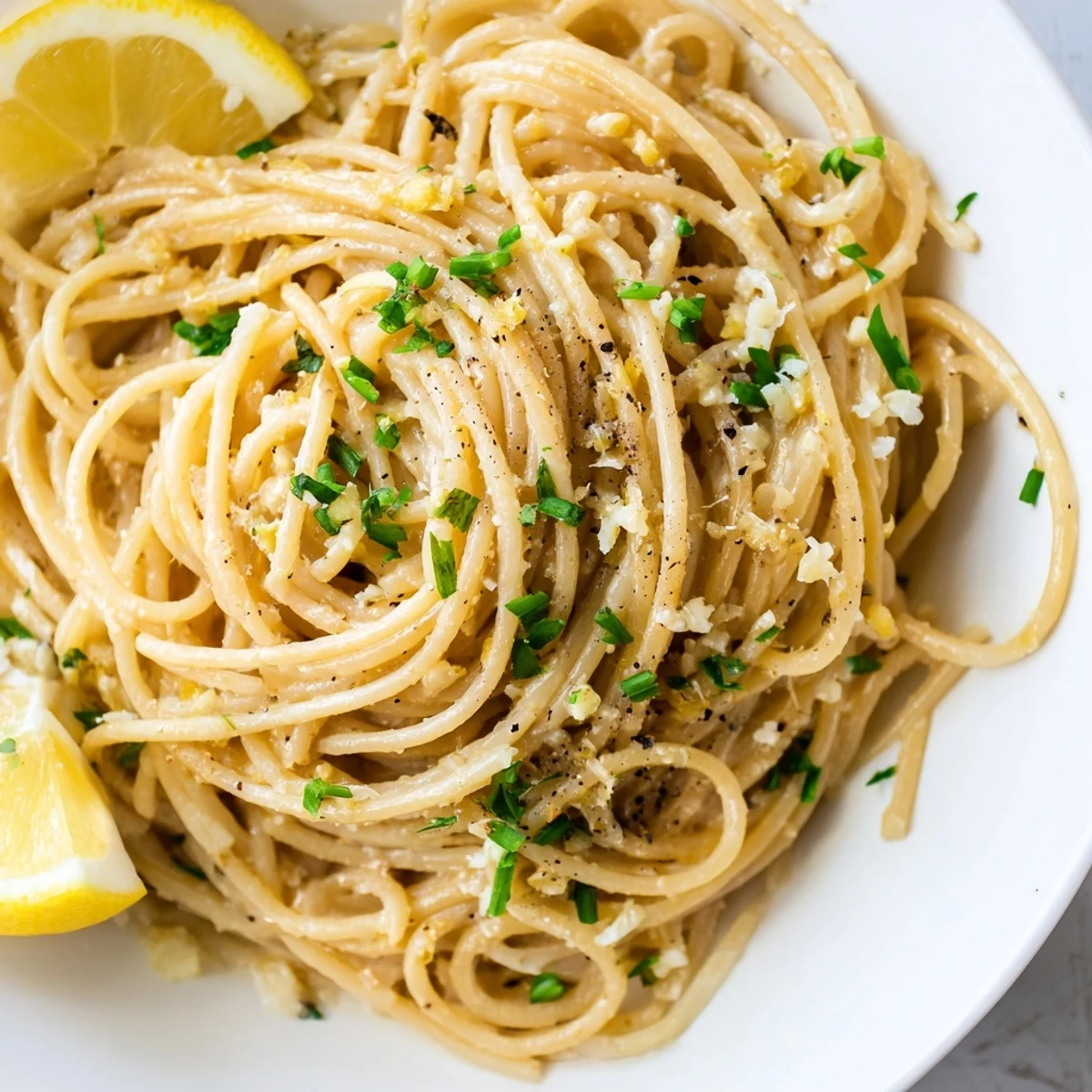 Golden strands of miso butter pasta, a delicious quick weeknight meal, served with a lemon wedge.