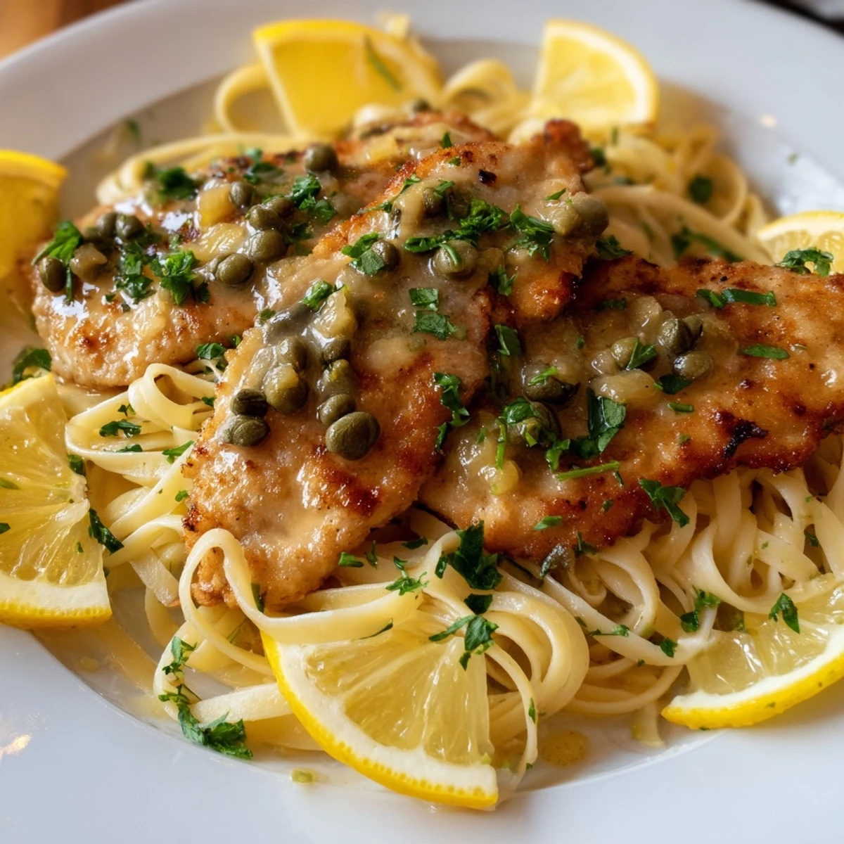 Quick Chicken Piccata Pasta with golden chicken cutlets and a bright lemon caper sauce glistening on pasta.