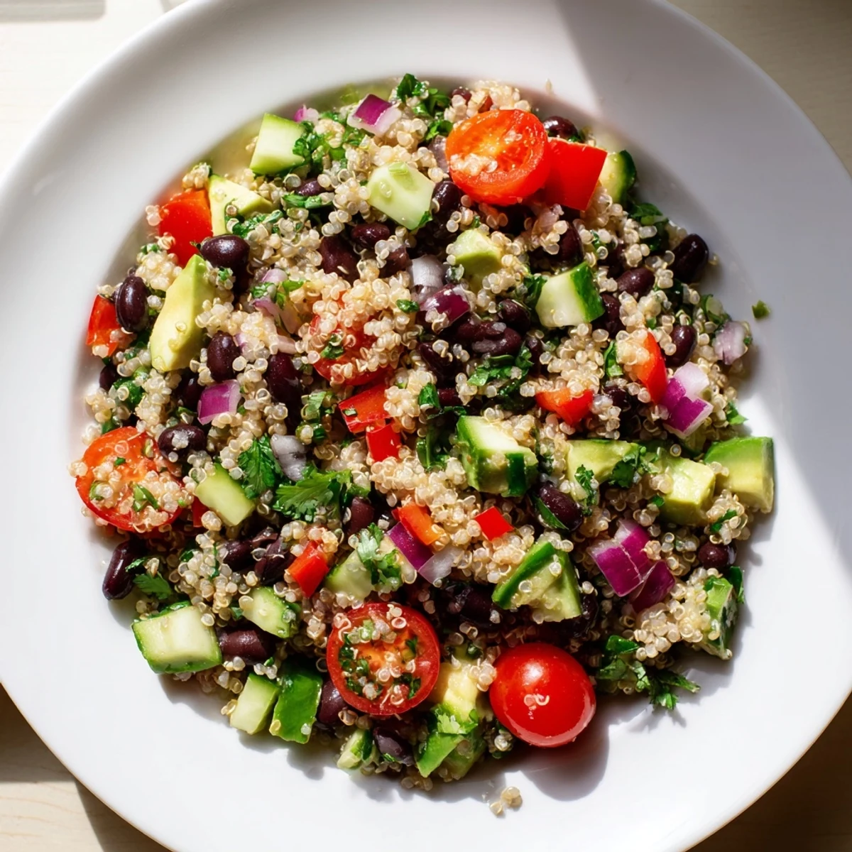Vibrant Quinoa Black Bean Salad, full of fresh vegetables, ready to be tossed with zesty lime dressing.