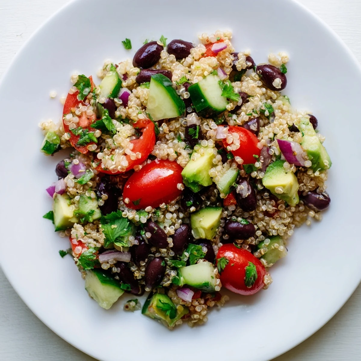 Chilled Quinoa Black Bean Salad boasting colorful bell peppers and avocado, perfect for a summer picnic.
