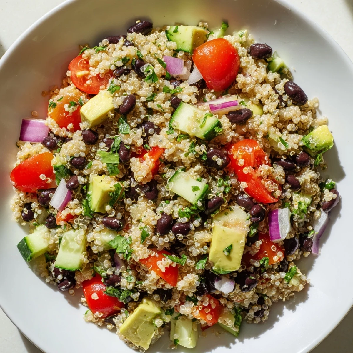 A big bowl of fresh Quinoa Black Bean Salad, a healthy vegetarian meal option, ready to eat.
