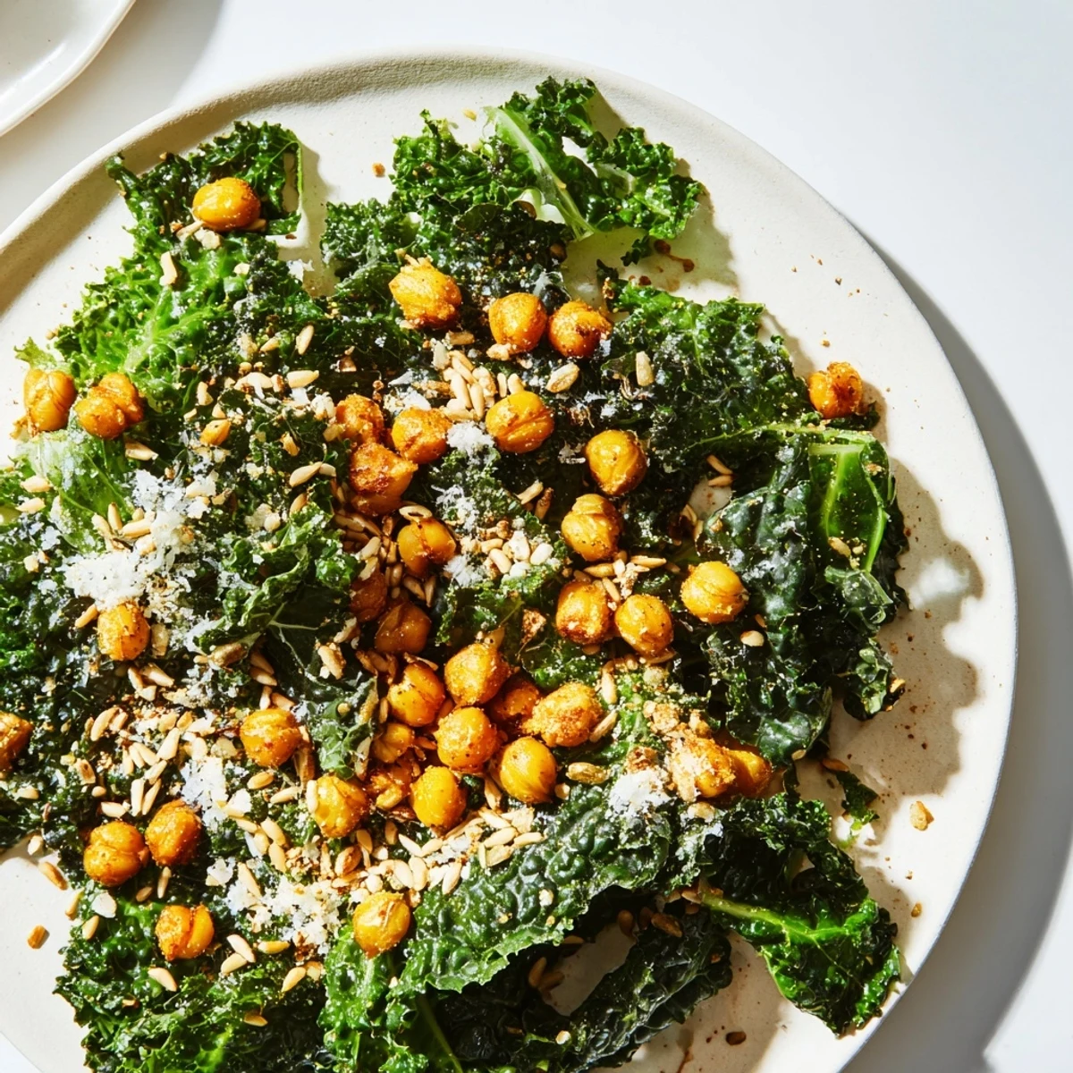 Warm Kale Salad with Crispy Chickpeas, a colorful dish with warm chickpeas atop massaged kale.